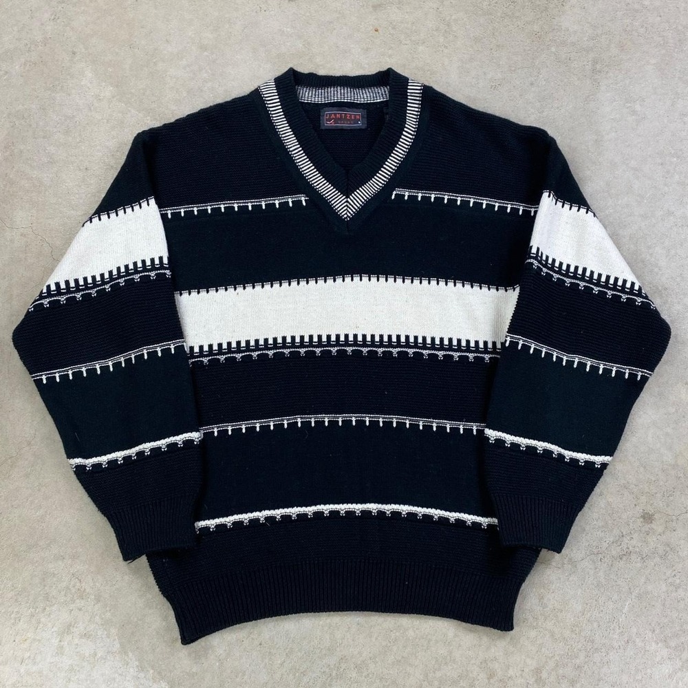 Vintage 90s Jantzen Sport Striped Sweater Size Large Black White Knit Pullover